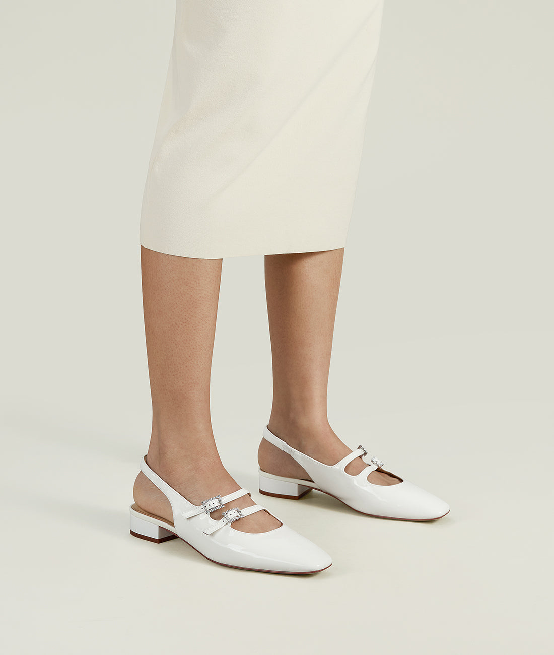 Epiphyllum Mary Jane-Square-toe white Slingback Flat with 25mm heel