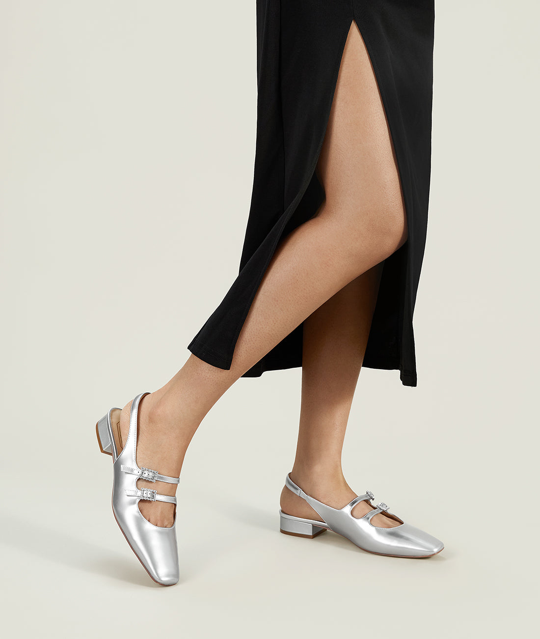 Silver Moon Mary Jane-Square-toe Silver Slingback Flat with 25mm heel