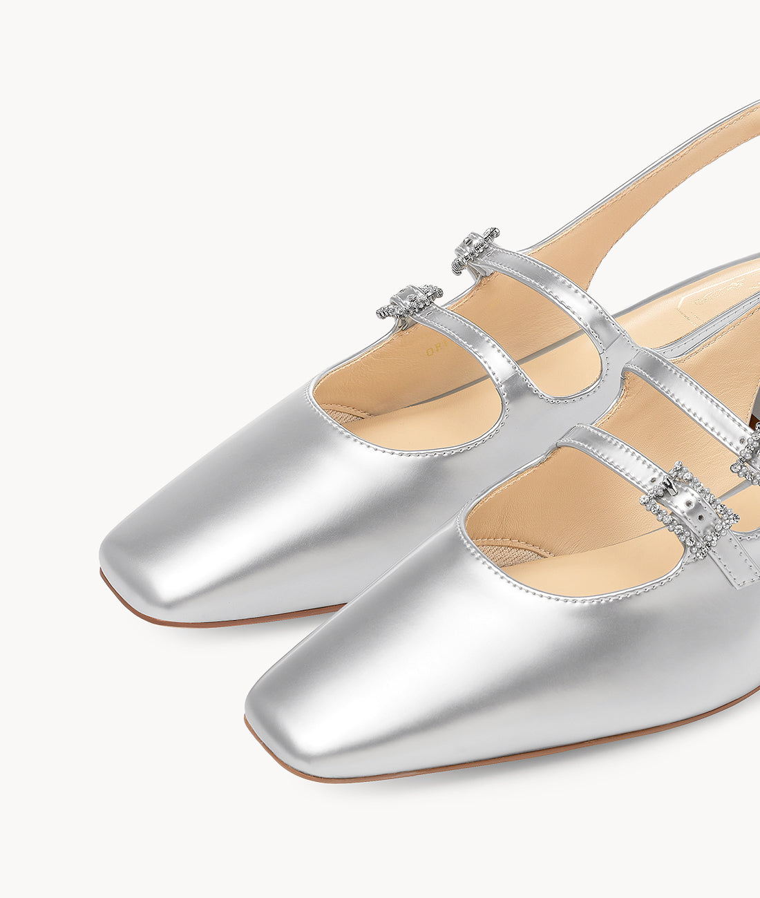 Silver Moon Mary Jane-Square-toe Silver Slingback Flat with 25mm heel