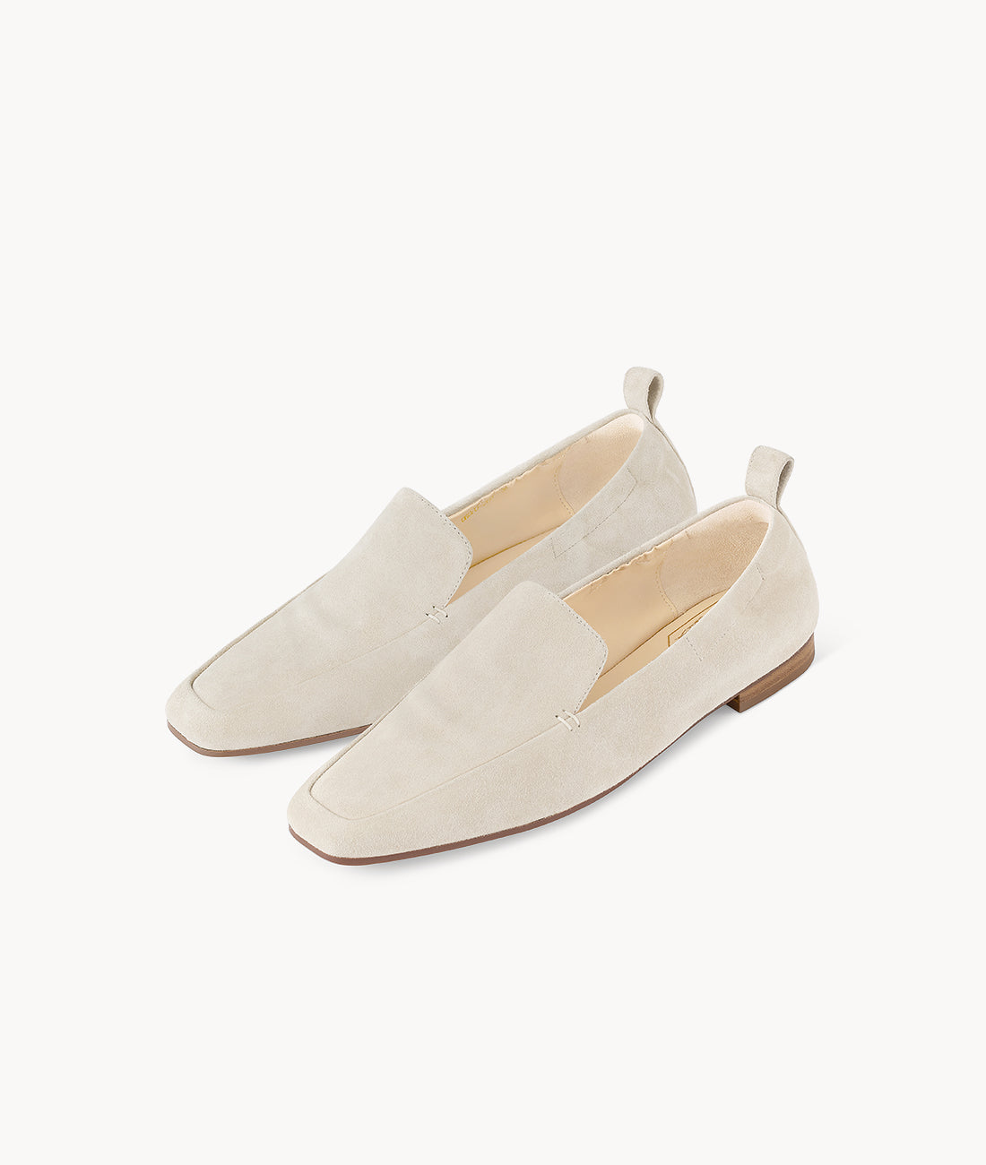Almond Croissant Square-toe Creamy White suede Mattress Flat Loafers with 18mm heel