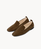 Coffee Croissant Square-toe brown suede Mattress Flat Loafers with 18mm heel