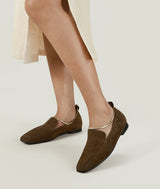 Coffee Croissant Square-toe brown suede Mattress Flat Loafers with 18mm heel