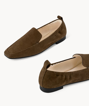 Coffee Croissant Square-toe brown suede Mattress Flat Loafers with 18mm heel