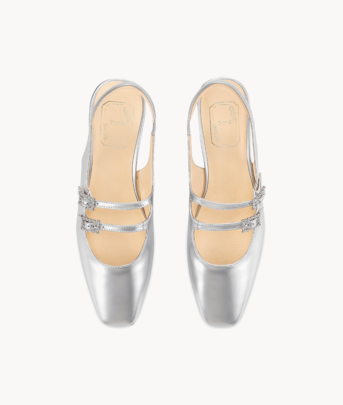 Silver Moon Mary Jane-Square-toe Silver Slingback Flat with 25mm heel