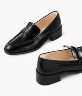 Black Cow Leather Mattress Flat Loafers with 35mm block heel