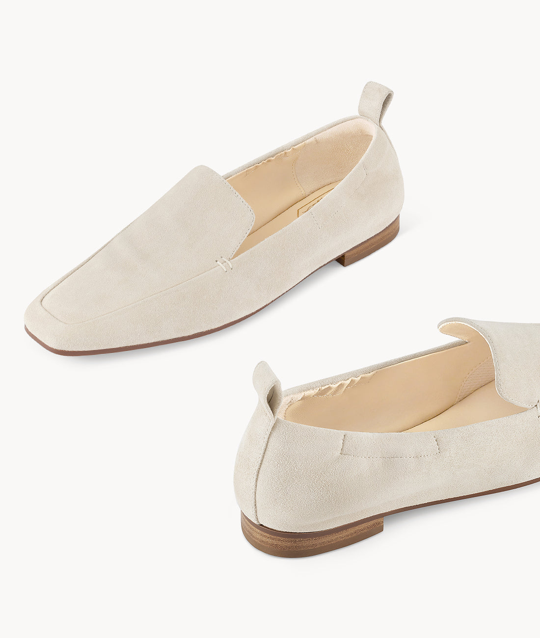Almond Croissant Square-toe Creamy White suede Mattress Flat Loafers with 18mm heel