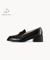 Black Cow Leather Mattress Flat Loafers with 35mm block heel
