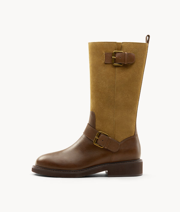 Women's Brown Suede Retro Western Boots with self-warming lining for cold weather