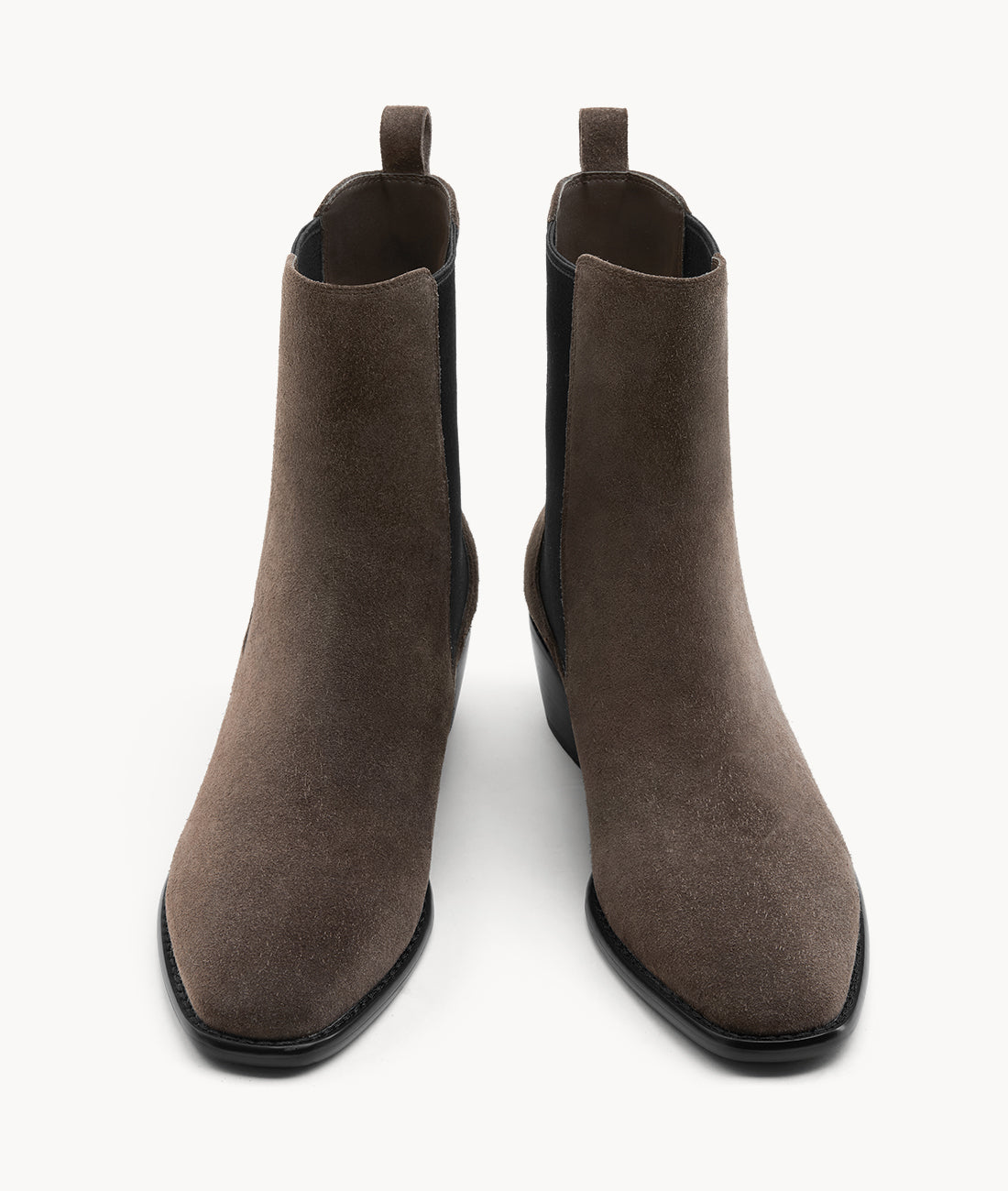 Front view of women's brown suede Chelsea boots, highlighting the elegant almond toe