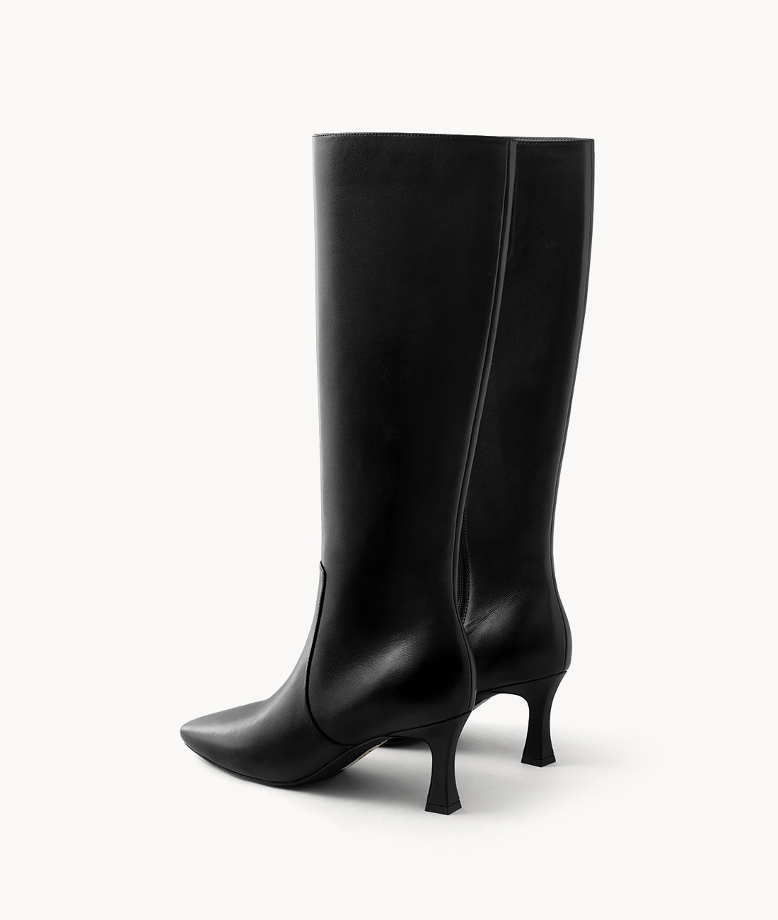 Back view of women's black pointed-toe tall riding boots with 7cm heel
