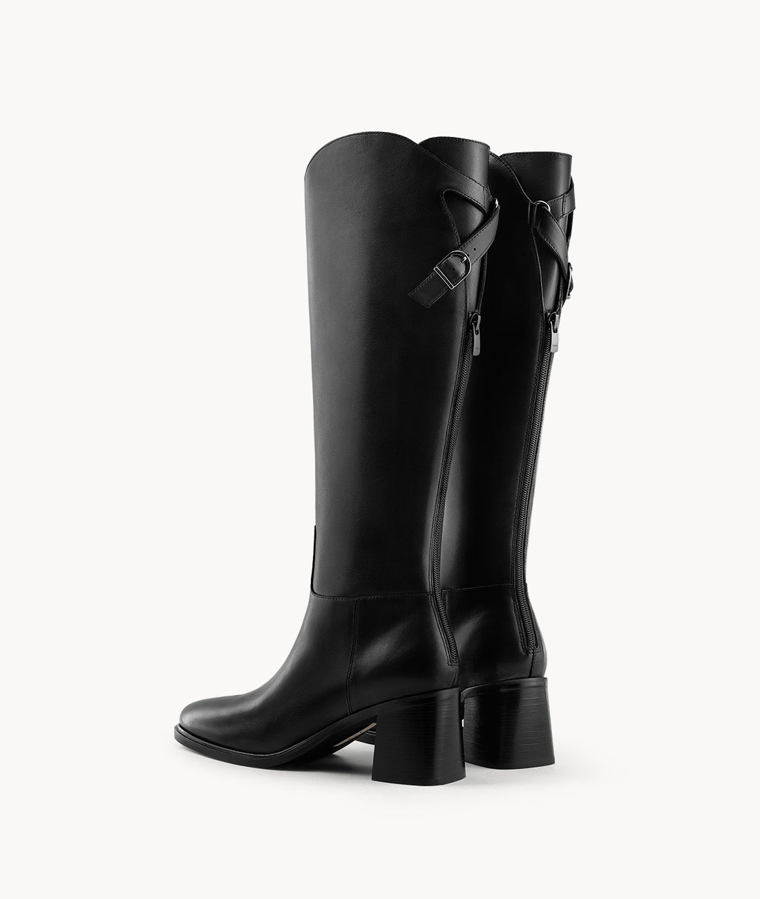 Back view of women's black cow leather riding boots, showing the adjustable buckle