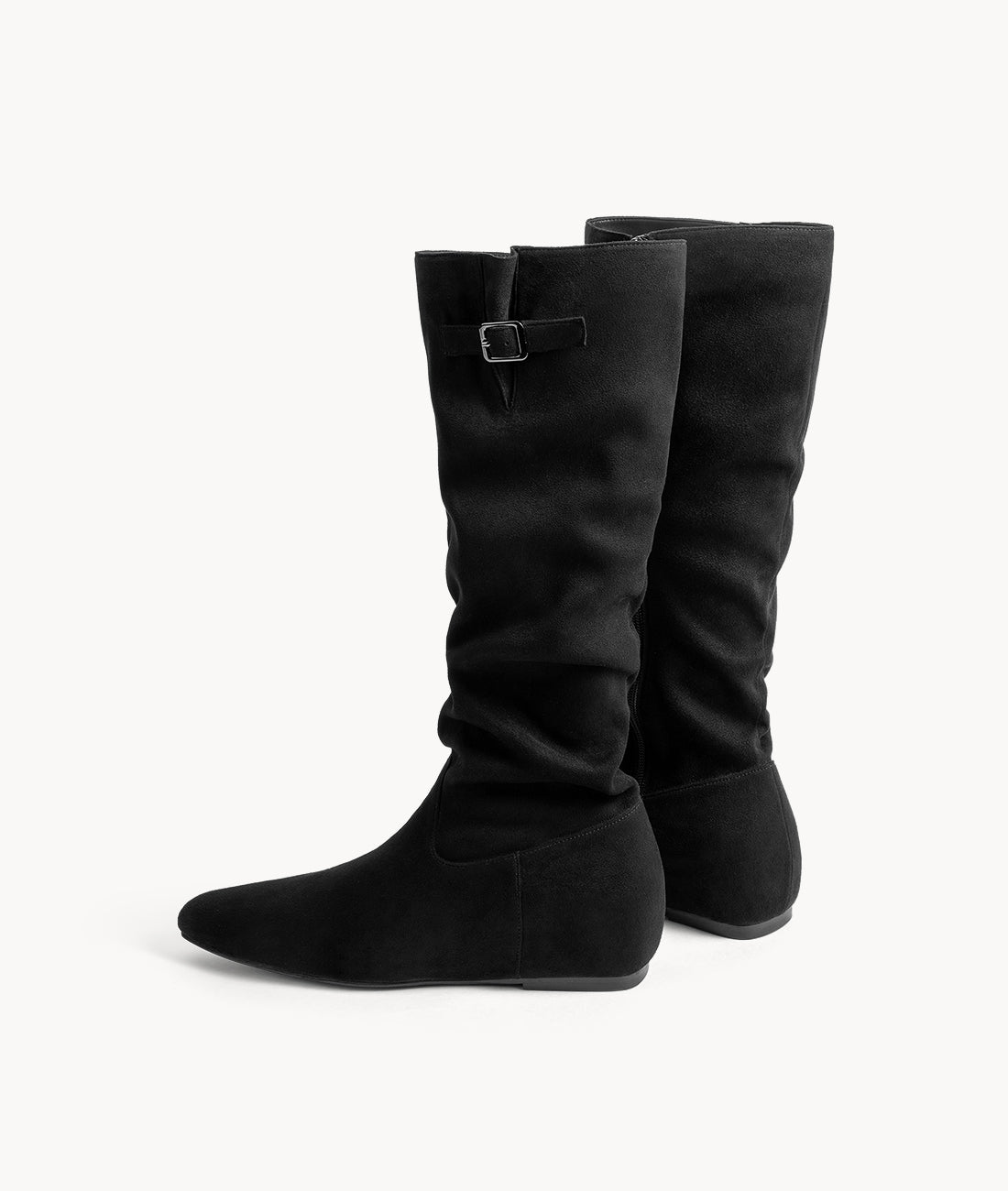 Women's black suede slouch boots with a side buckle